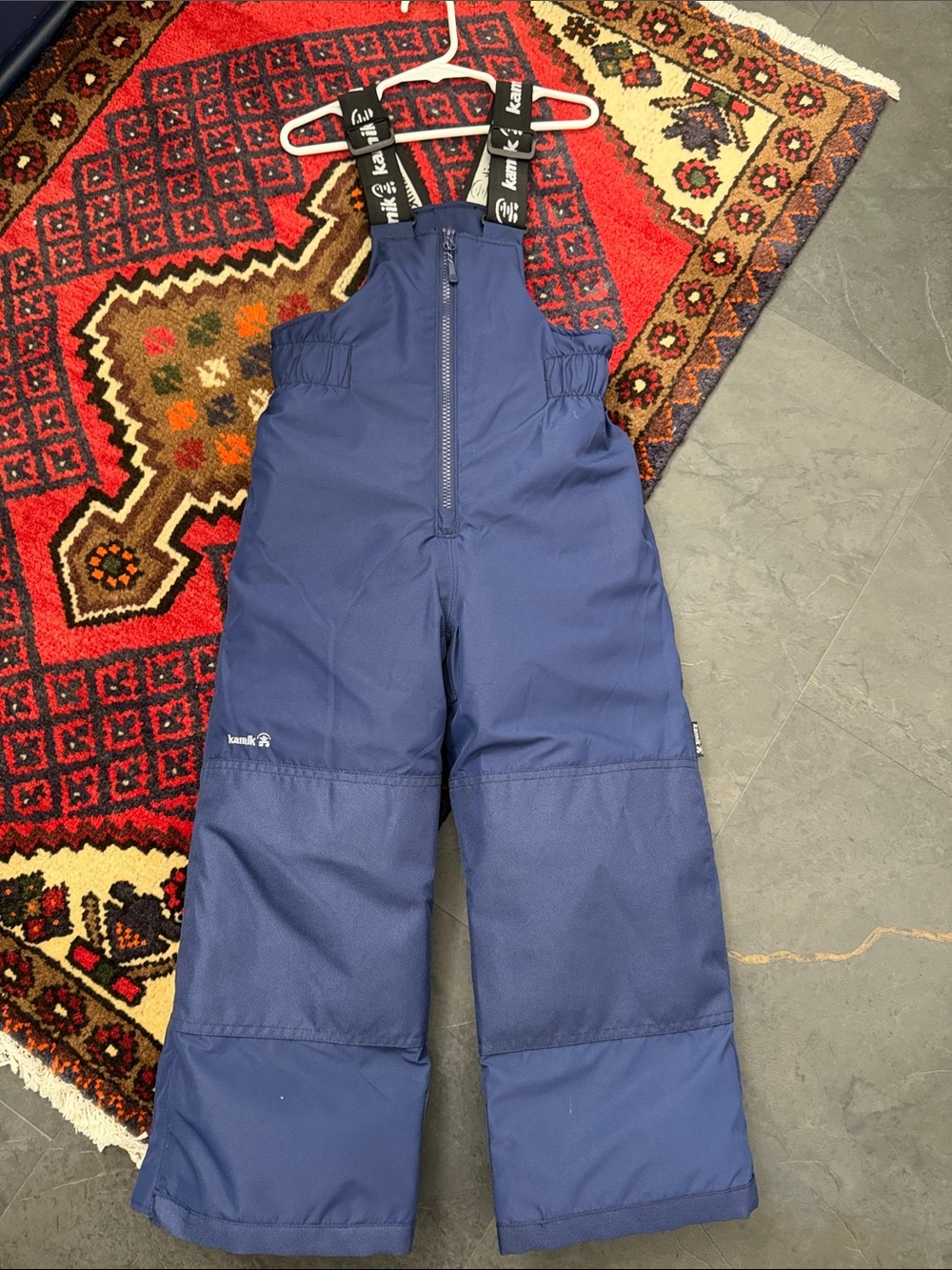 Kamik Navy Blue Kids Snow Overalls with Branded Black Suspenders